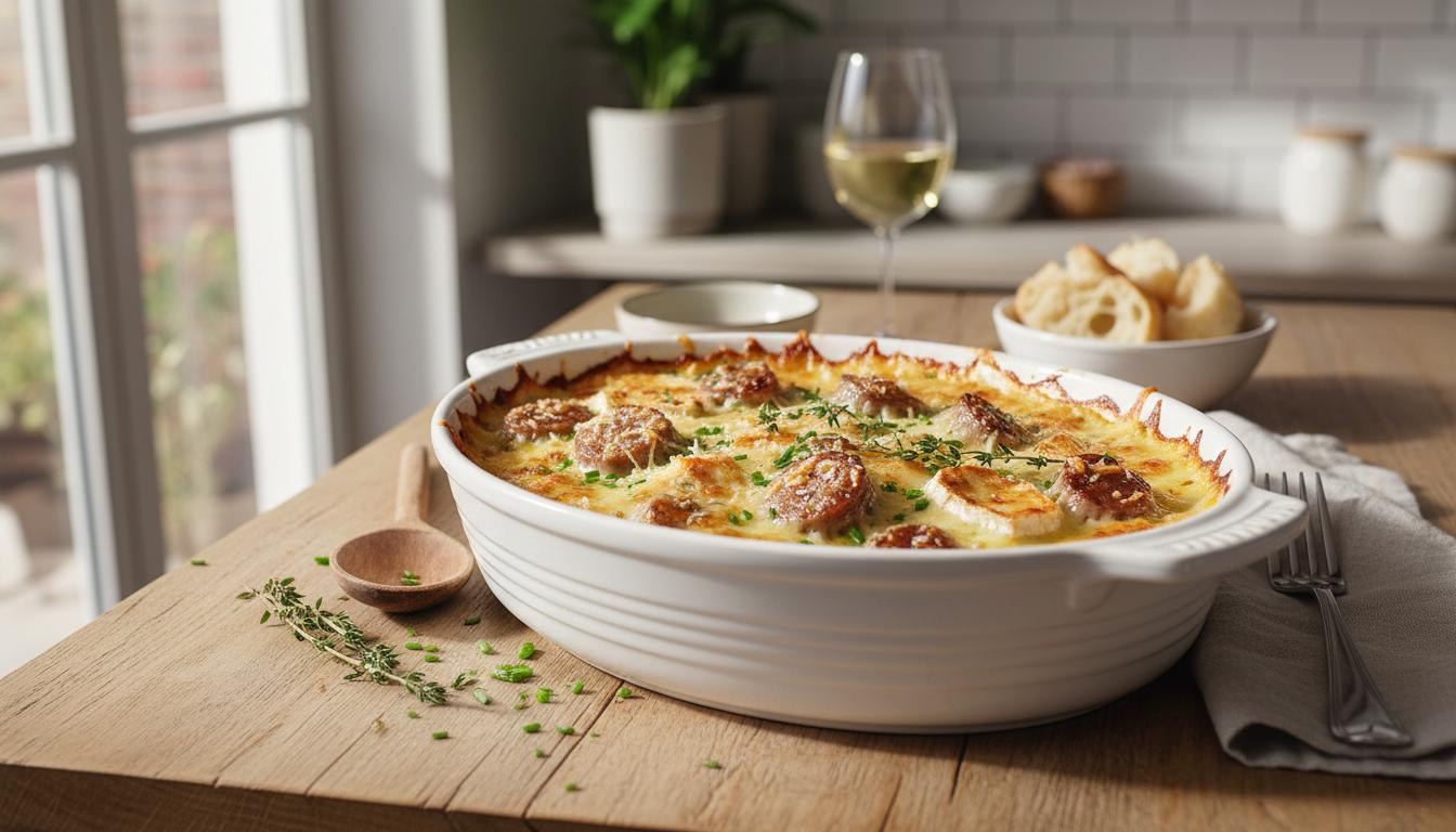 Gratin d'Andouillettes aux Poireaux, Duo de Fromages et Coco