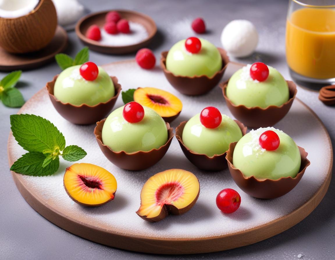 Sphères Glacées au Lait de Coco et Fruit de la Passion, Éclats de Menthe Chocolat