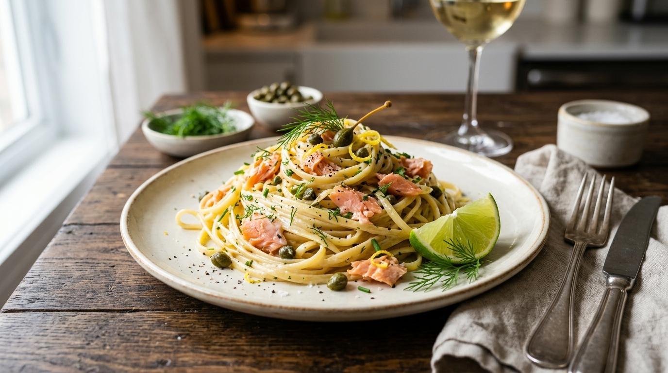 Linguine Rummo à la Truite Fumée, Citron Vert et Câpres