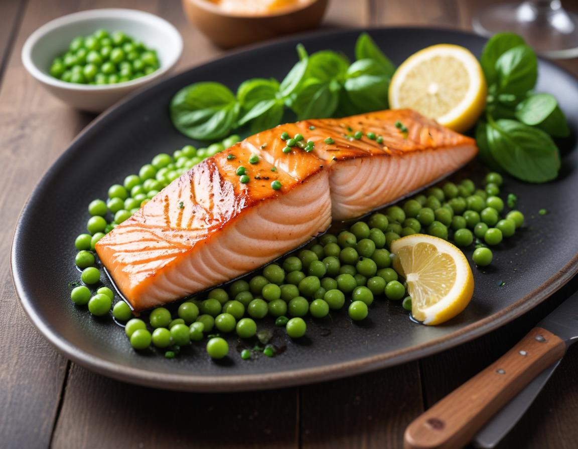 Saumon grillé à la plancha, purée de petits pois à la menthe