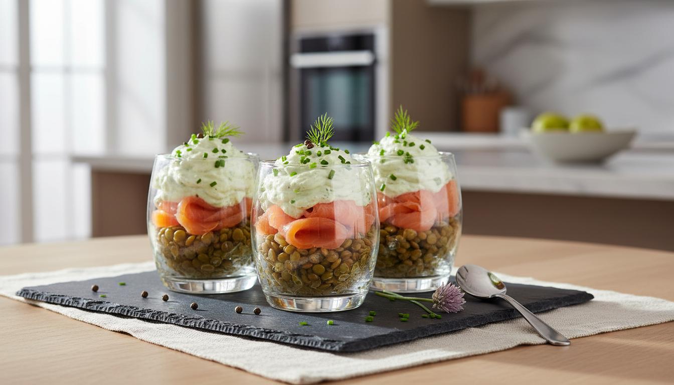 Verrines de Lentilles Vertes au Saumon Fumé et Crème de Ciboulette