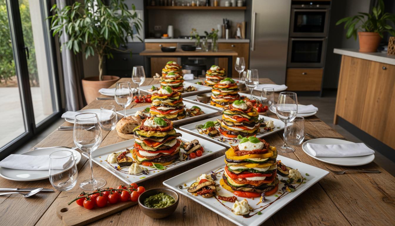 Grand Millefeuille de légumes grillés et pesto de basilic pour 50 personnes
