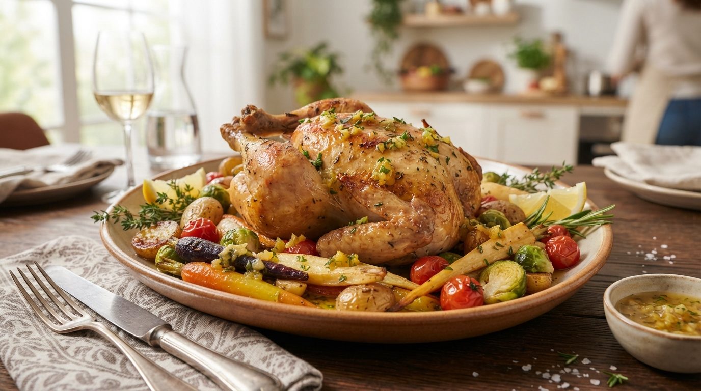 Poulet rôti aux légumes de saison et sauce au citron confit
