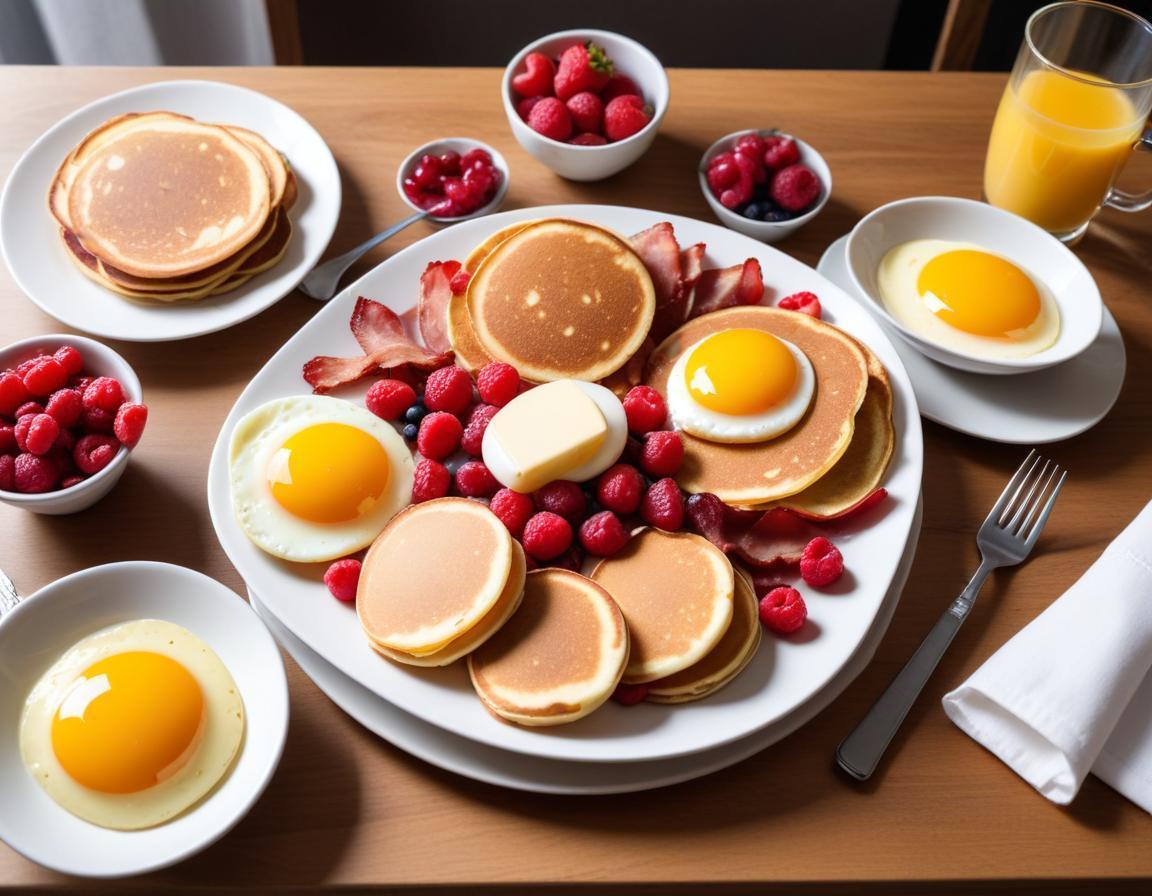 Brunch Gourmand : Oeufs Brouillés, Bacon Croustillant et Pancakes aux Fruits Rouges