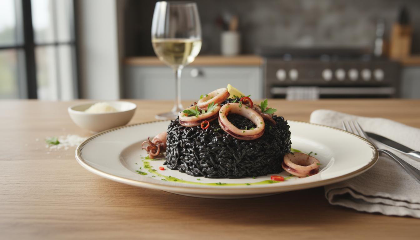 Risotto Noir à l'Encre de Seiche et Calamars