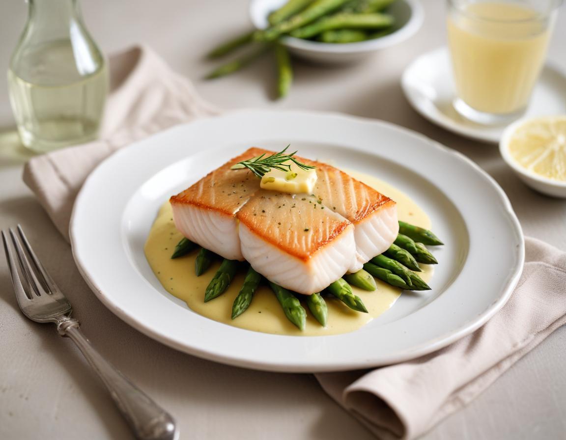 Filet de poisson au beurre citronné et purée d’asperges vertes