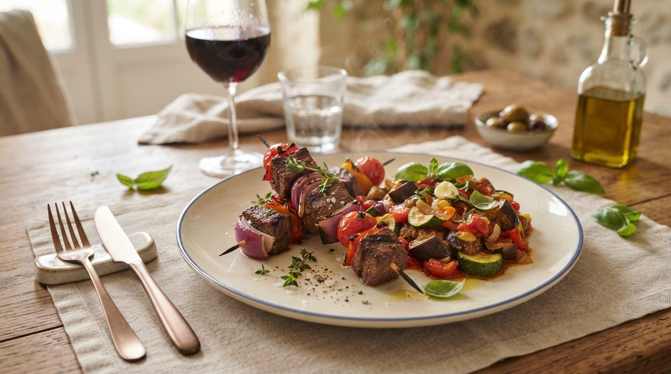 Brochettes de bœuf marinées et ratatouille confite