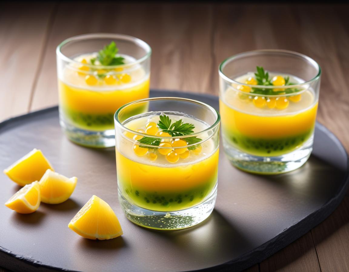 Verrine de bar mariné, gelée au yuzu et perles d'algues