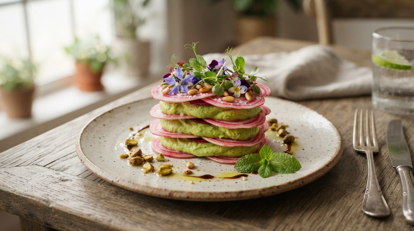 Carpaccio de Poire aux Épices Douces, Émulsion de Gorgonzola et Noix Pécan Caramélisées