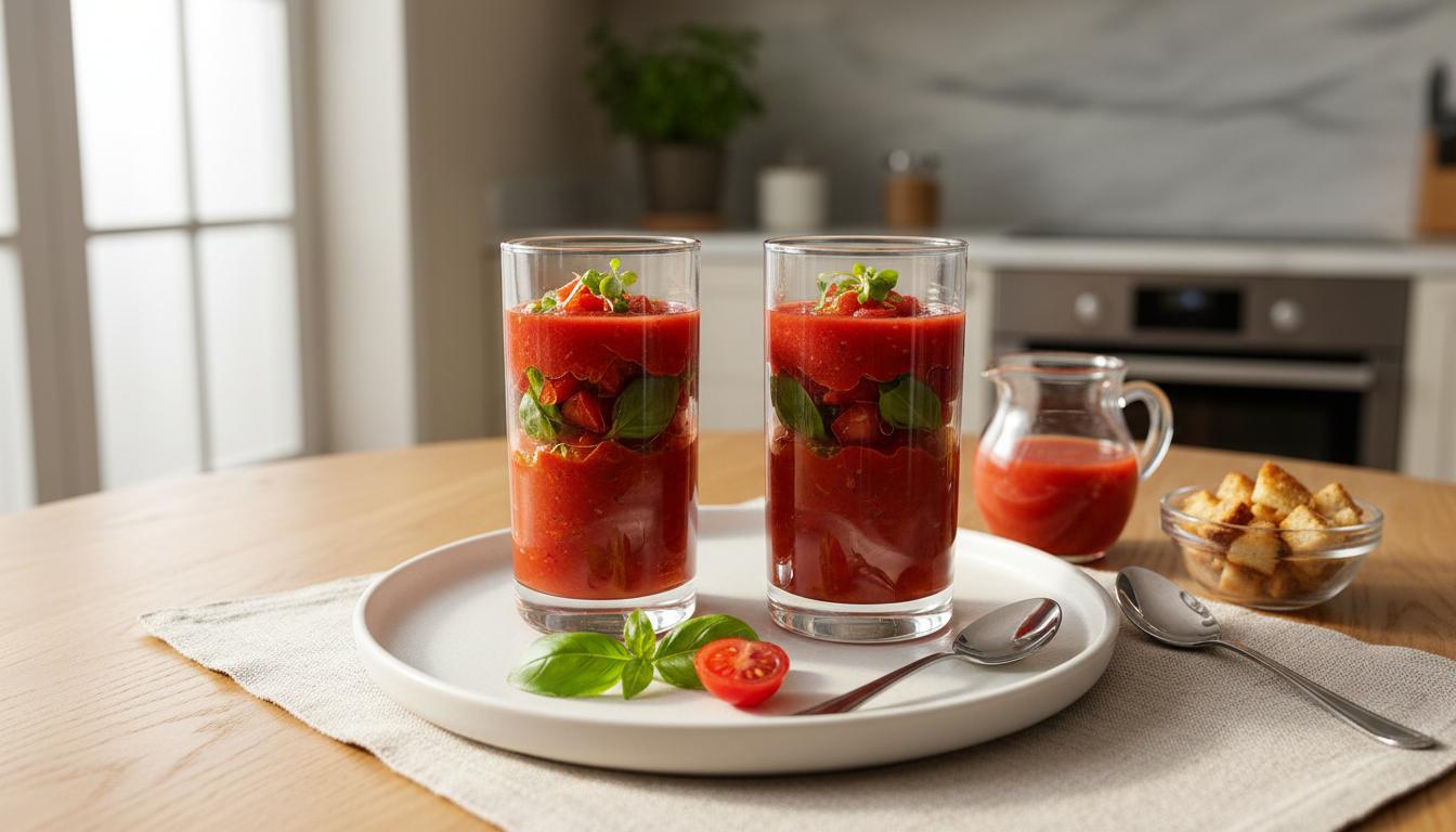Verrines de Gaspacho à la Tomate en Conserve et Basilic