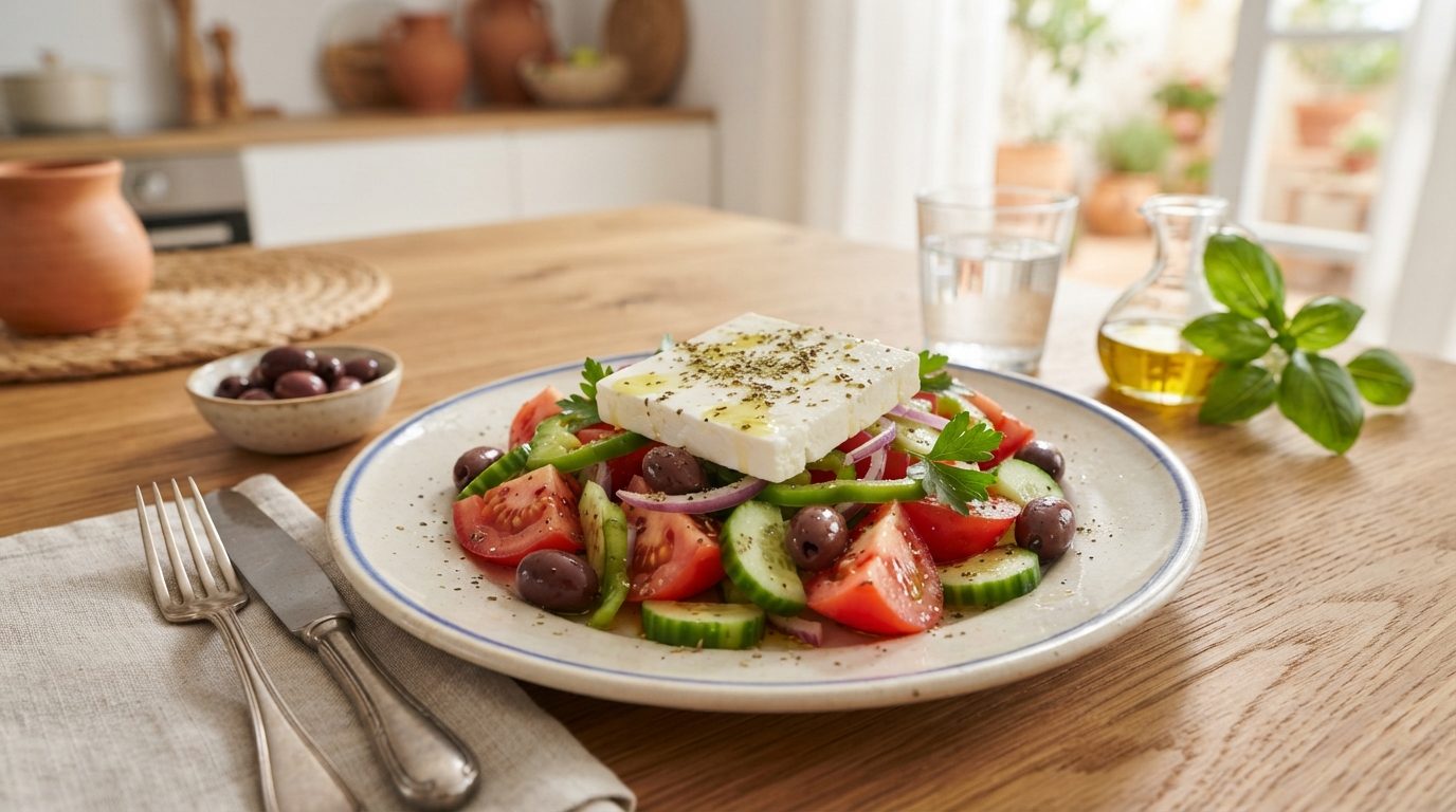 Authentique salade grecque aux tomates, concombre et feta
