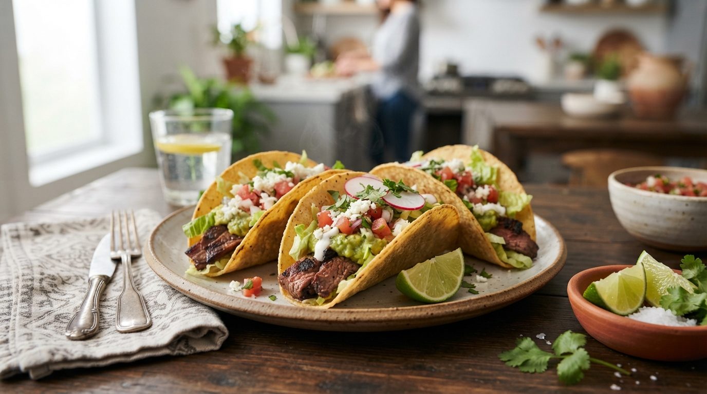 Tacos croustillants de bœuf grillé et avocat frais