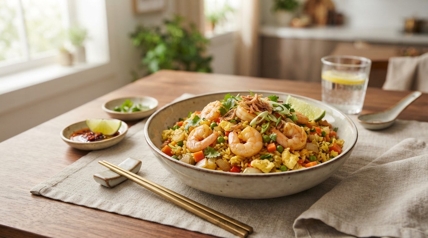Riz sauté aux crevettes et curry