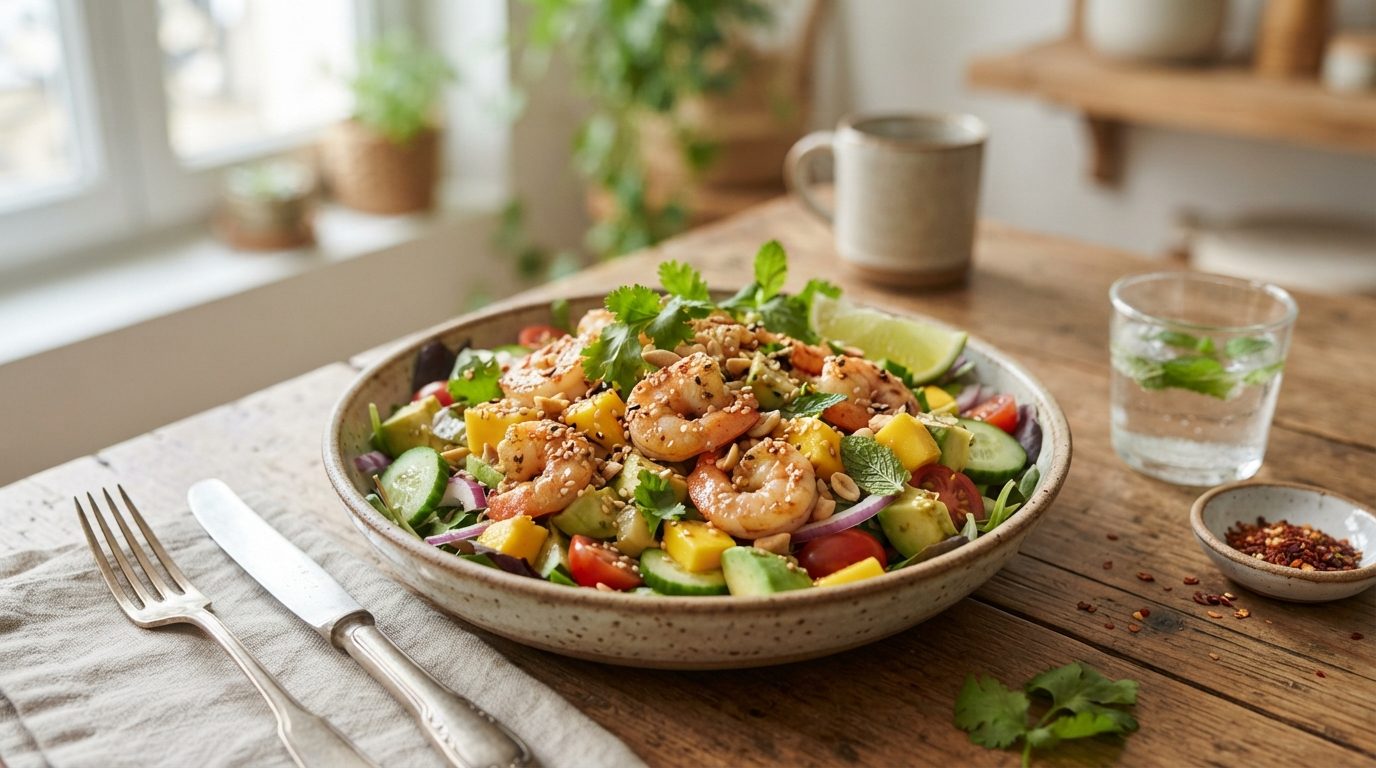 Salade fraîche de crevettes à l'avocat, mangue et concombre
