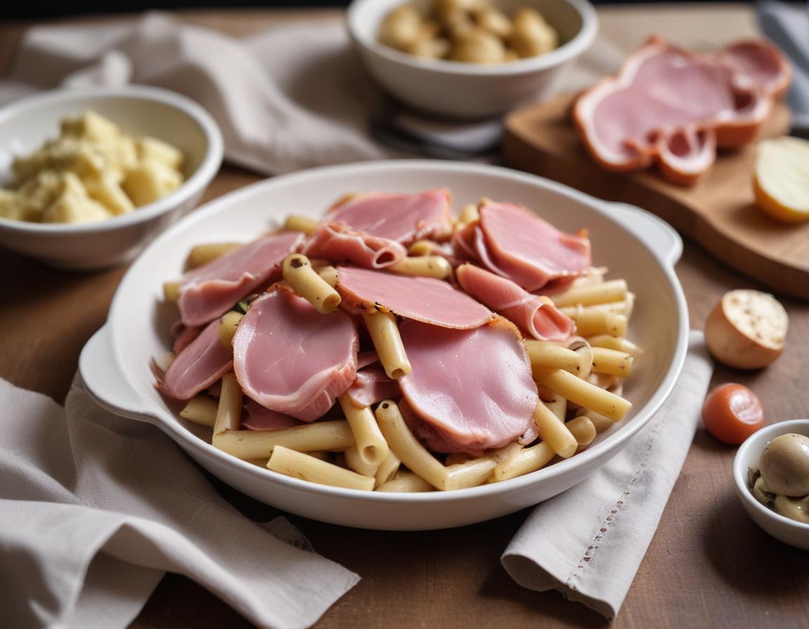 Pâtes au jambon grillé et champignons de Paris