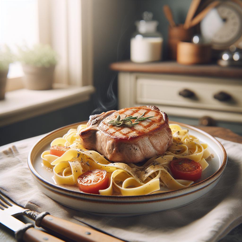 Côte de porc échine à la crème et tagliatelles