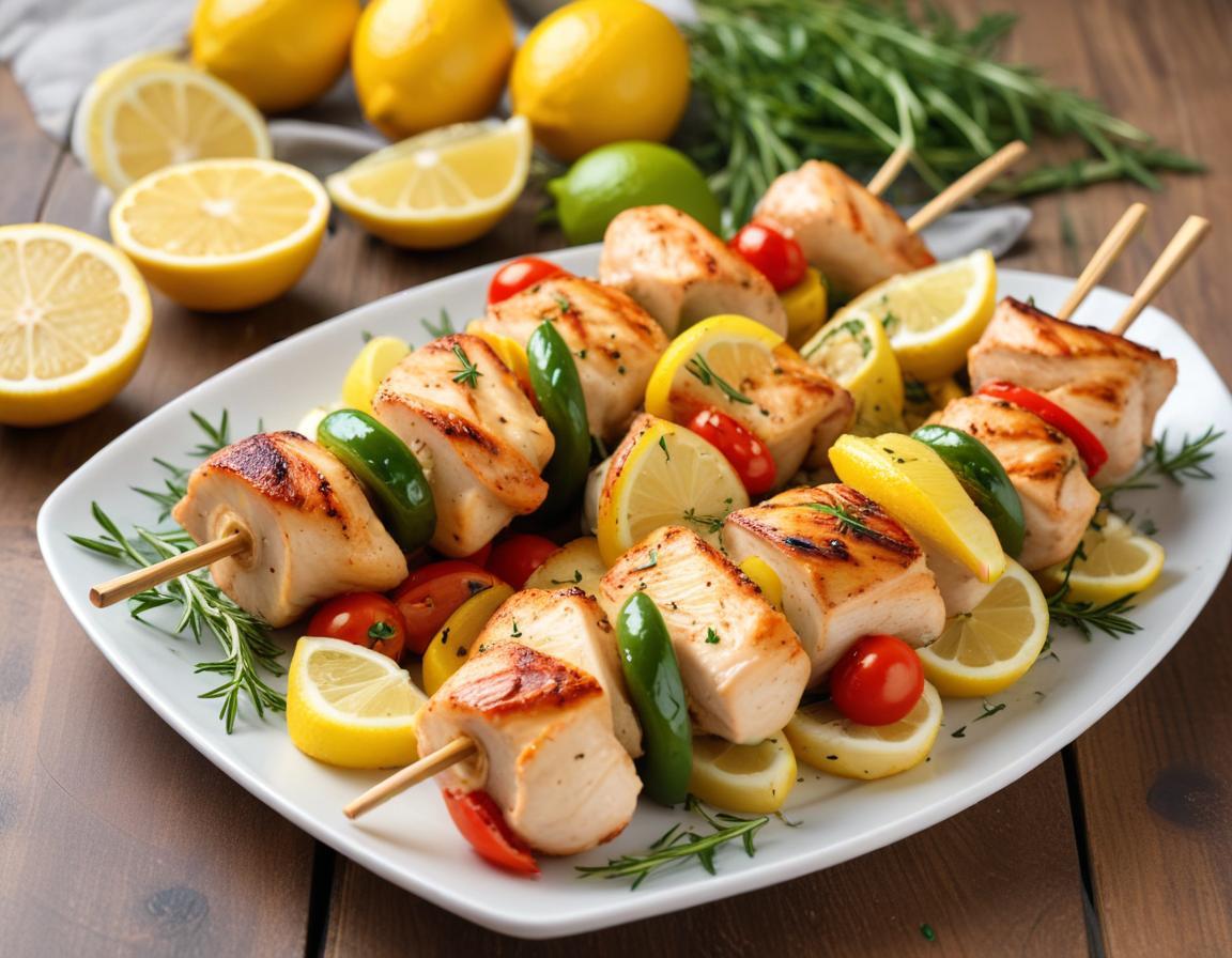 Brochettes de Poulet Marinées au Citron et Herbes, Légumes Grillés