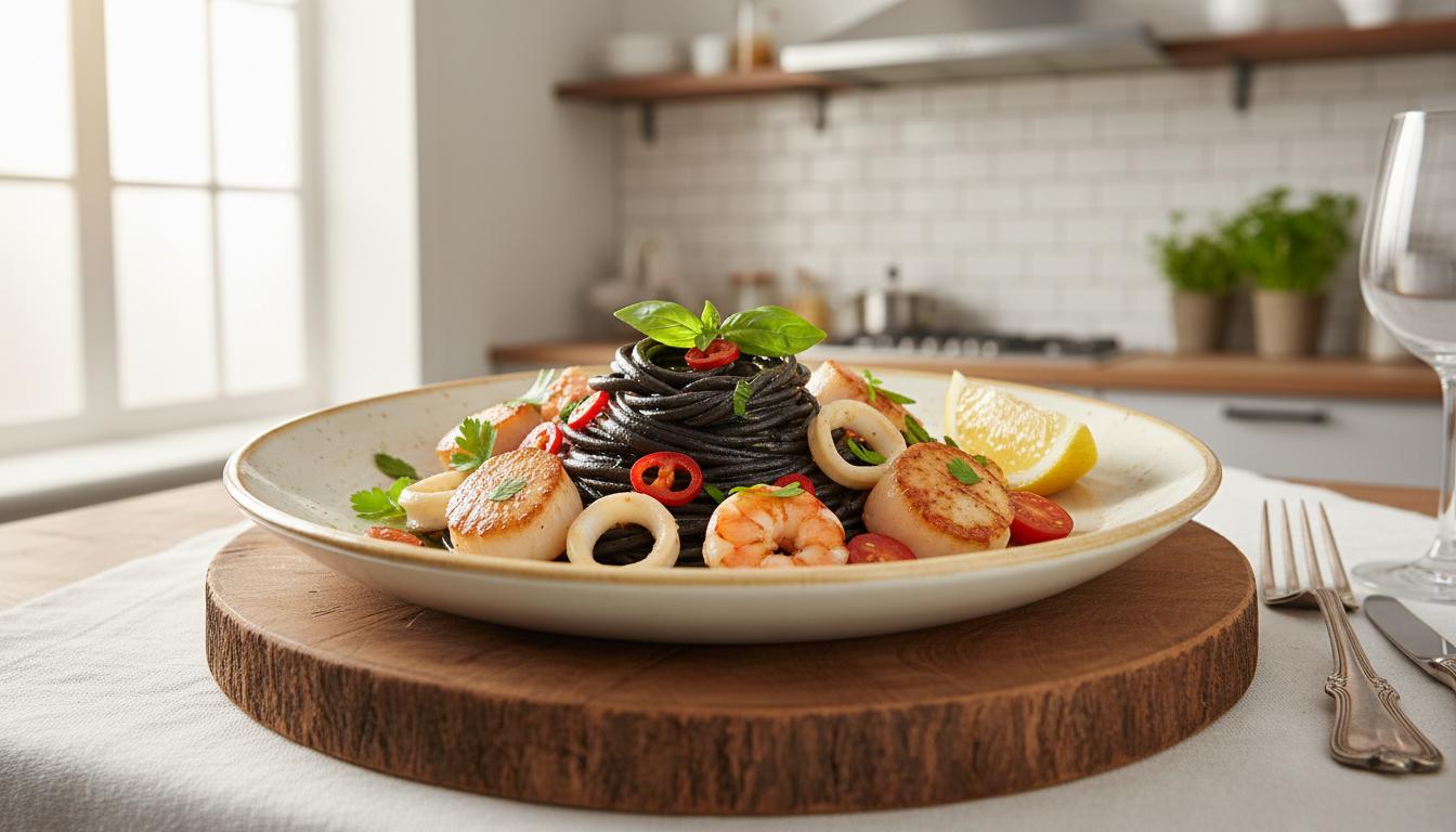 Linguine à l'Encre de Seiche et Trésors de l'Océan