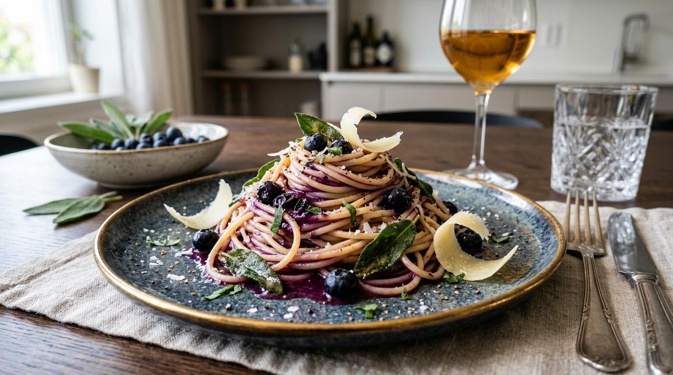 Spaghettis "Midnight Sun" au Beurre de Myrtilles et Sauge