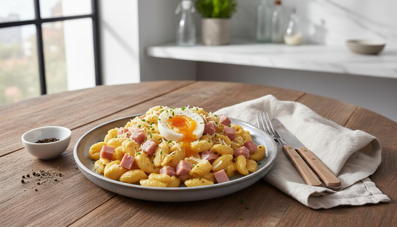 Coquillettes Protéinées au Jambon et Œuf Mollet