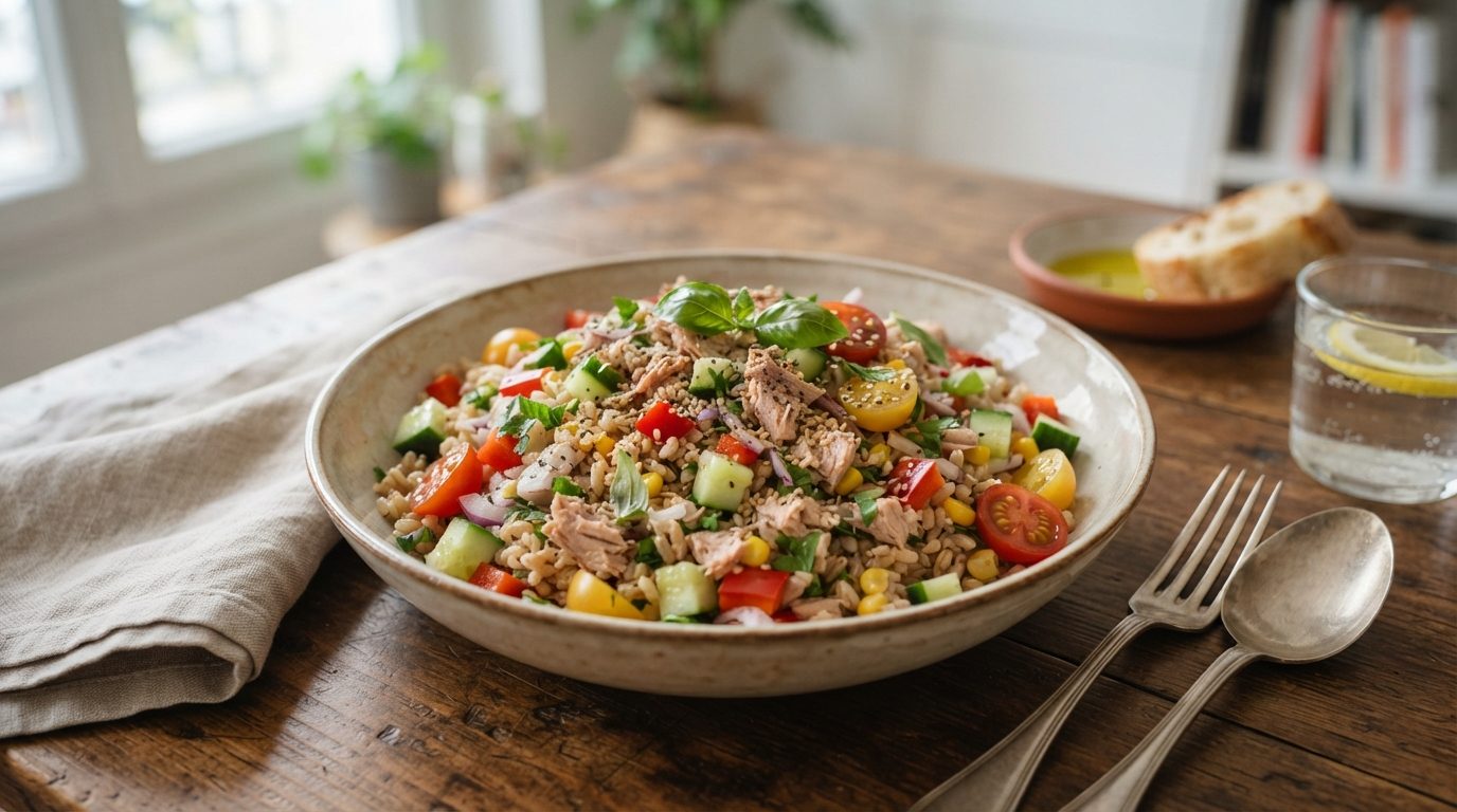 Salade de riz complète au thon et aux crudités croquantes