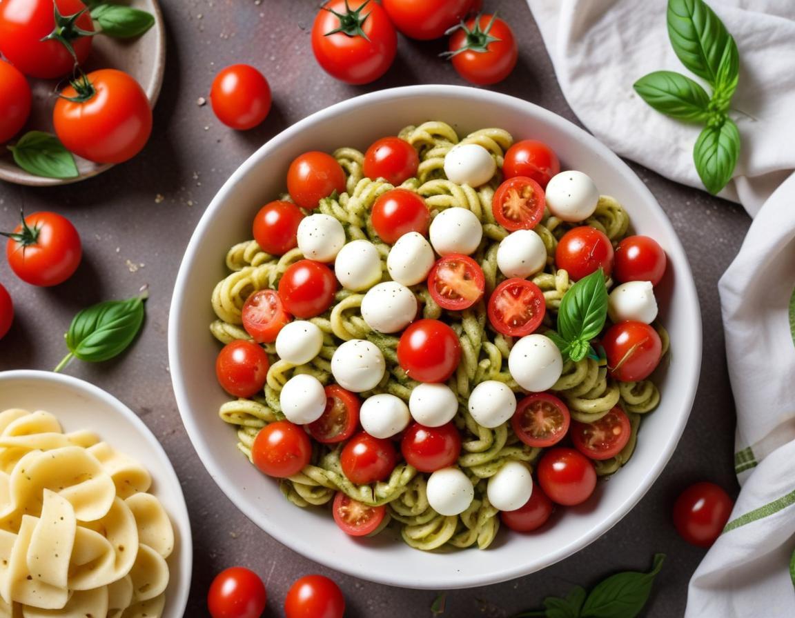 Salade de Pâtes Froides au Pesto, Tomates Cerises et Mozzarella