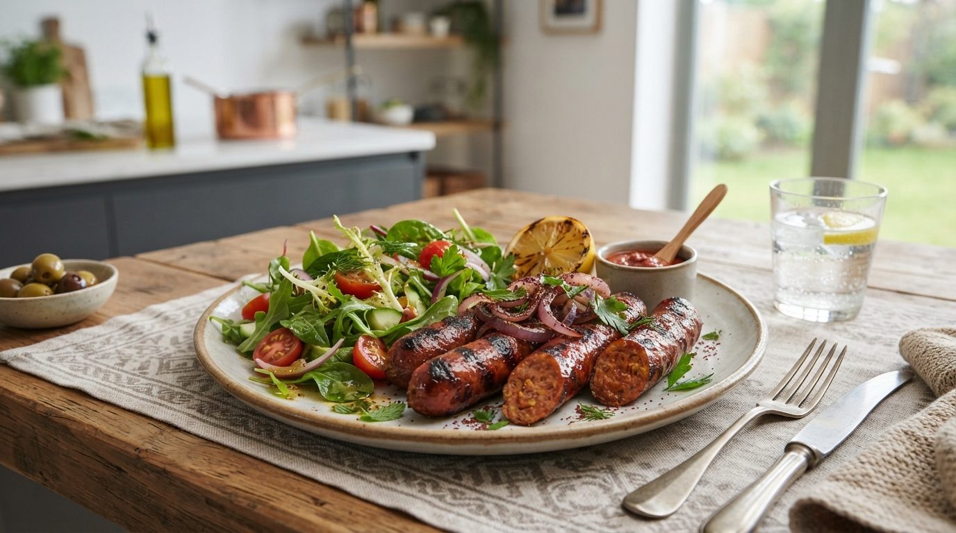 Barbecue de merguez et salade verte