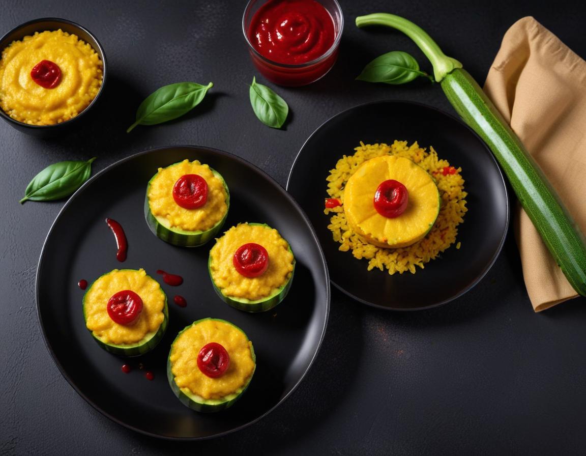 Bouchées de Courgette Fleur et Curry Rouge sur Lit de Riz Noir Venere