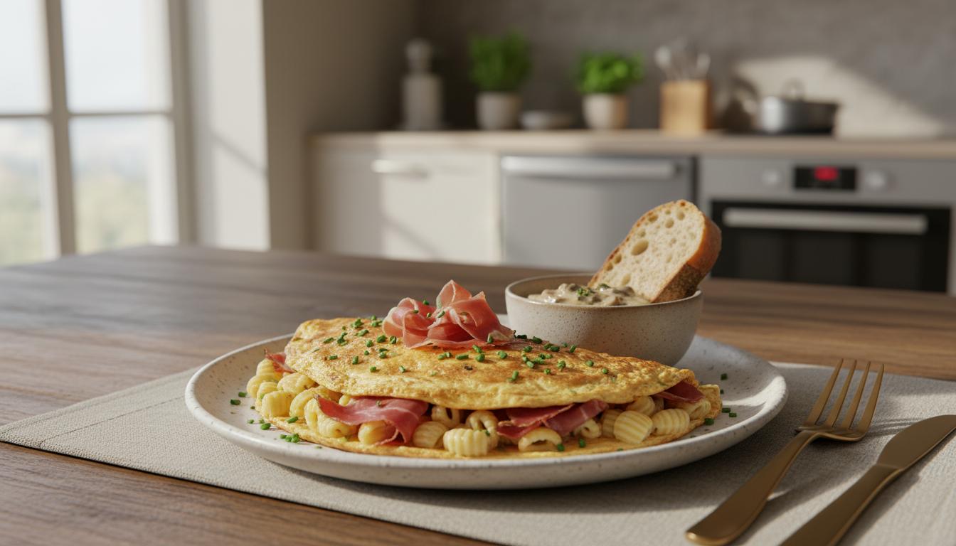 L'Omelette Gourmande aux Coquillettes et Jambon de Pays