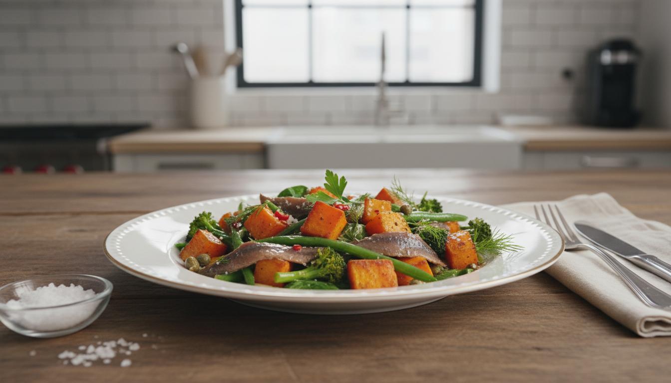 Poêlée de patates douces aux anchois et légumes verts