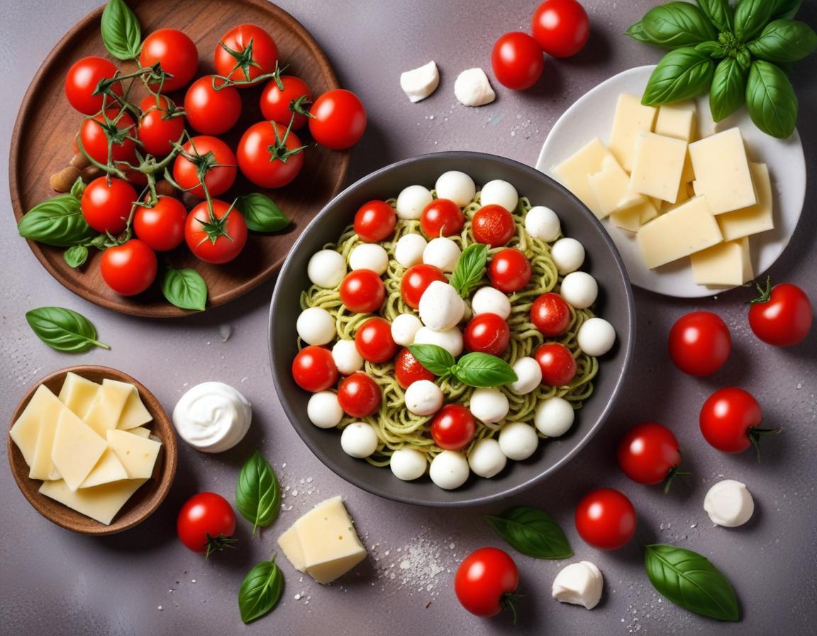 Salade de pâtes au pesto, tomates cerises et mozzarella