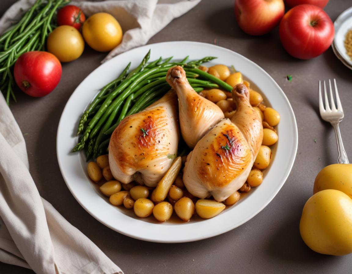 Poulet rôti fermier, pommes de terre grenaille et haricots verts frais
