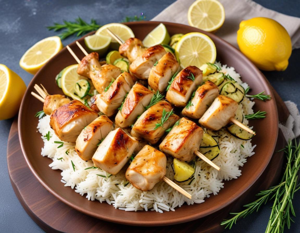 Brochettes de poulet mariné au citron et herbes, riz basmati et courgettes grillées