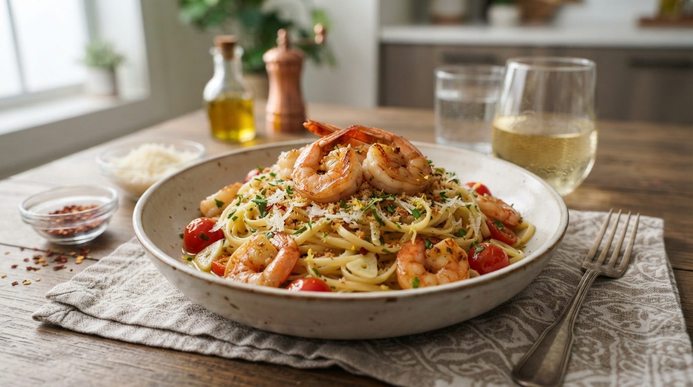 Linguine aux crevettes sautées à l'ail et aux herbes fraîches