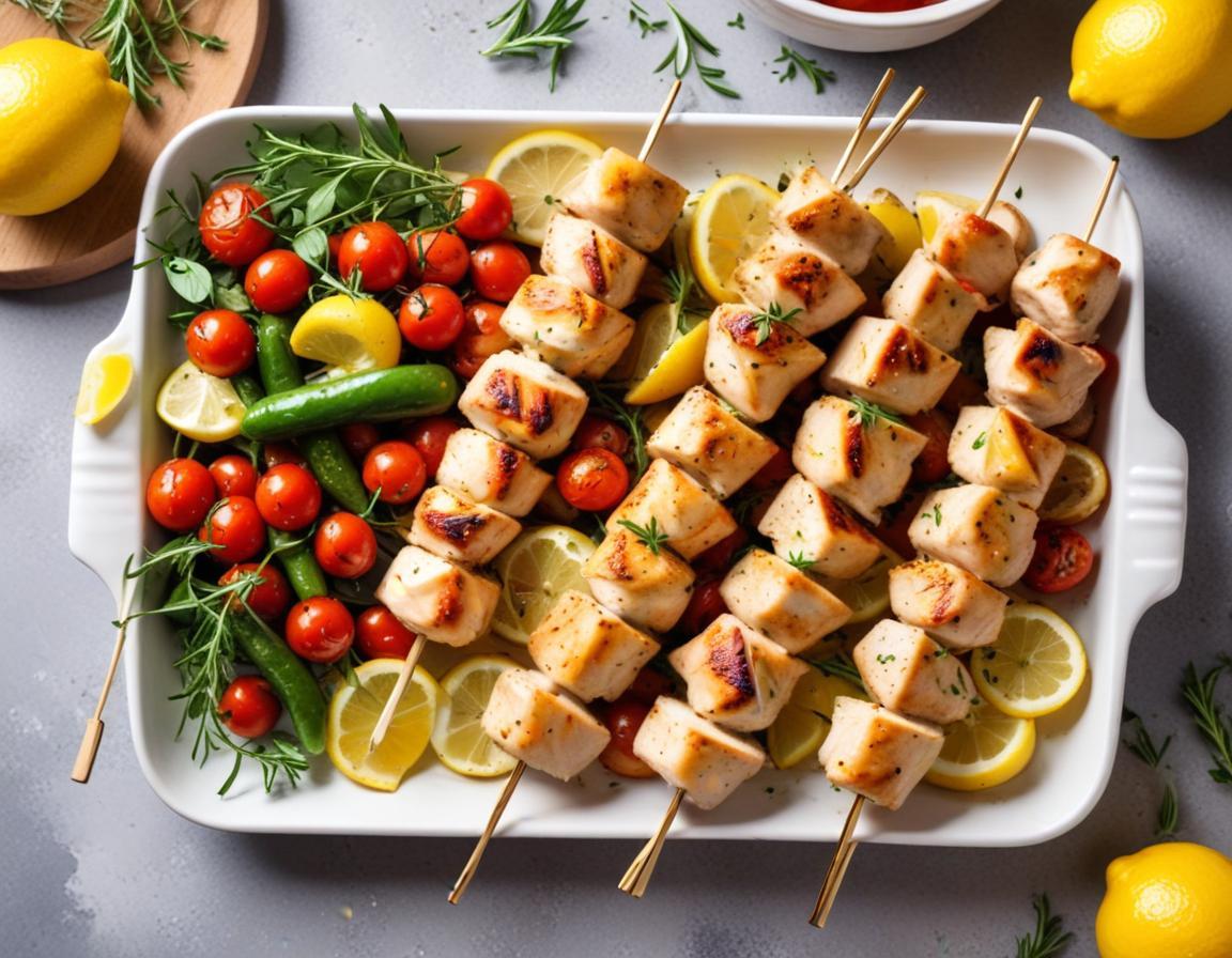 Brochettes de Poulet Marinées au Citron et Herbes, Légumes Grillés
