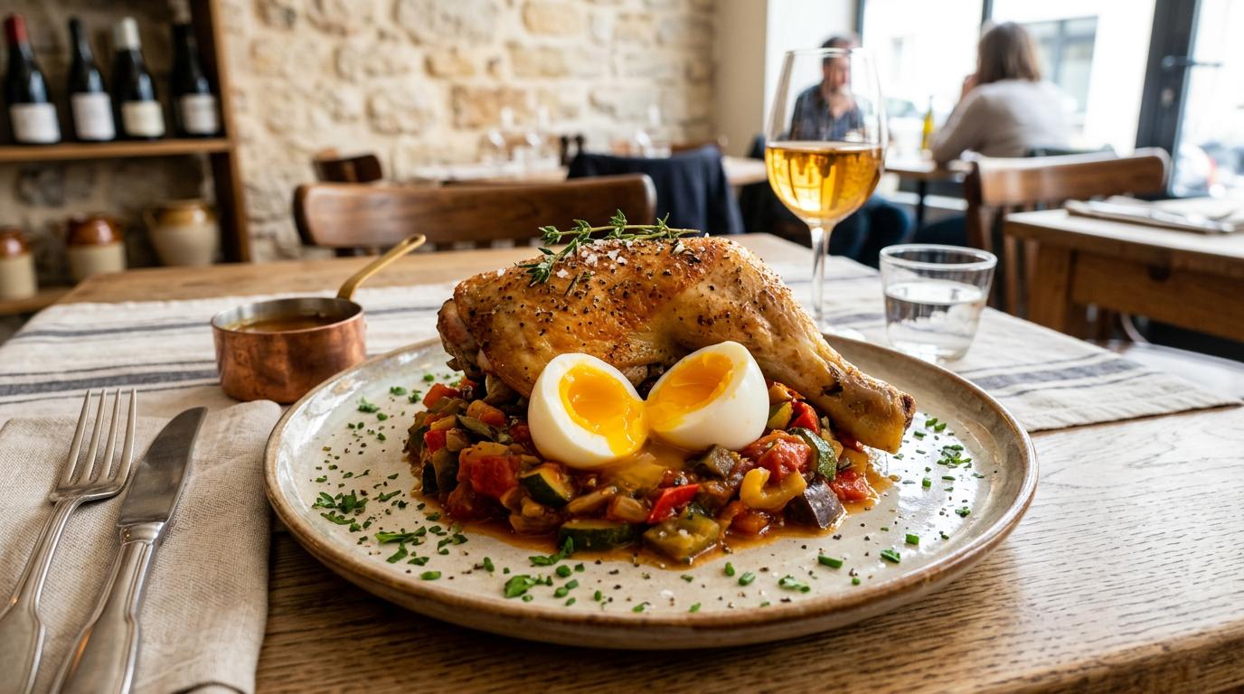 Poulet Rôti au Soleil et son Nid de Ratatouille aux Œufs Mollets
