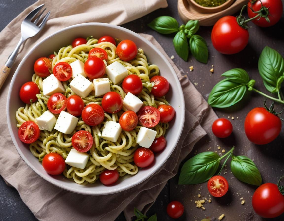 Salade de Pâtes au Pesto, Tomates Cerises et Mozzarella