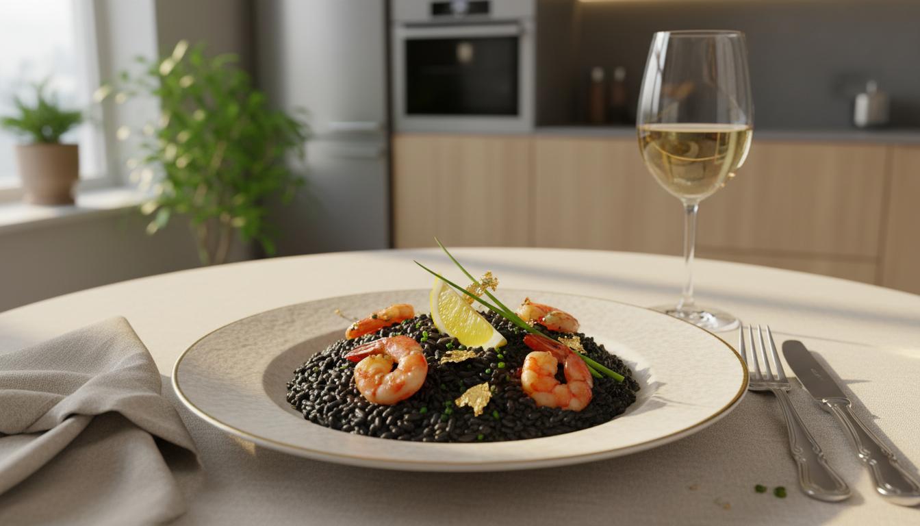 Risotto Noir aux Gambas et Éclats d'Or