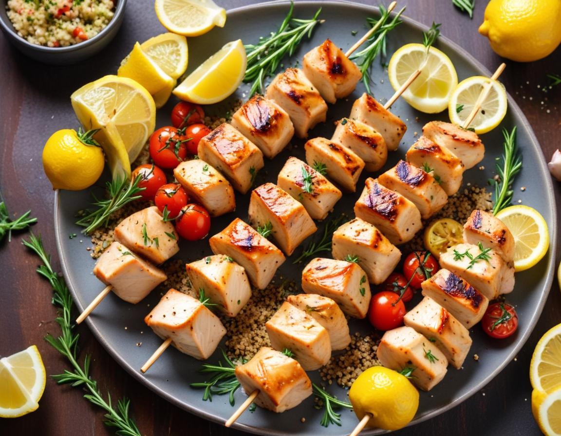 Brochettes de Poulet Marinées au Citron et Herbes, Quinoa et Légumes Grillés