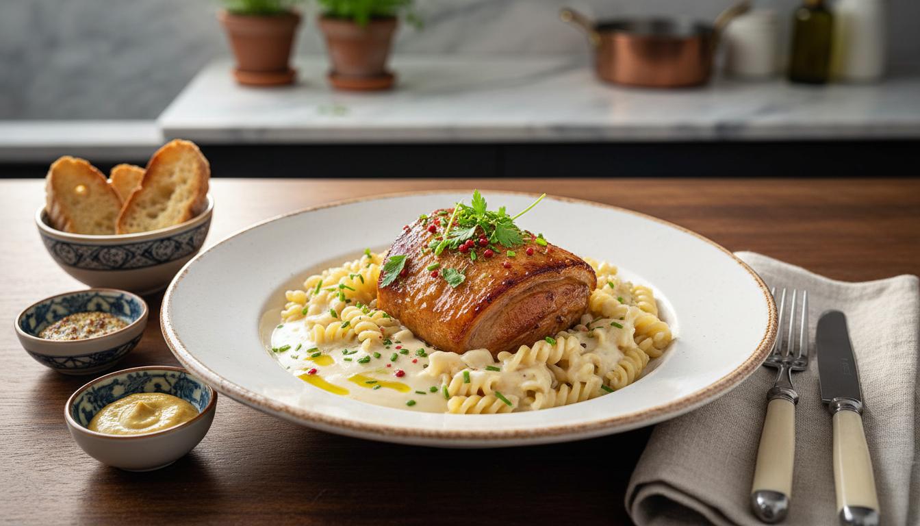 Échine de Porc Fondante aux Pâtes et Sauce Blanche Crémeuse