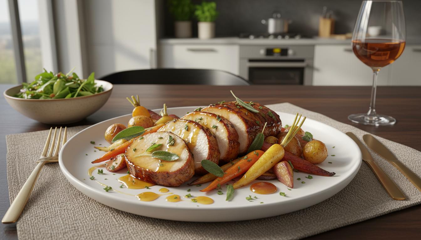 Rôti de porc caramélisé au miel et à la sauge