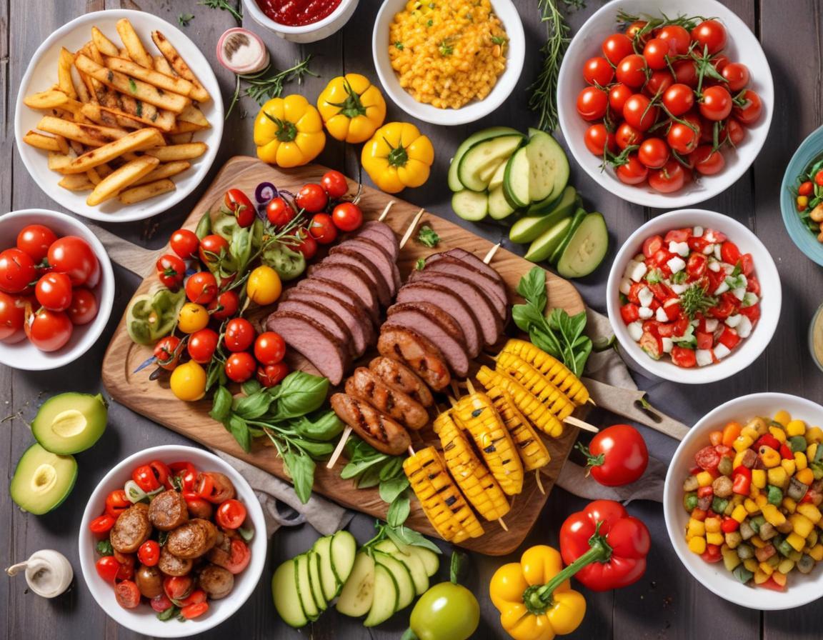 Barbecue estival : Grillades variées, salades fraîches et légumes du soleil