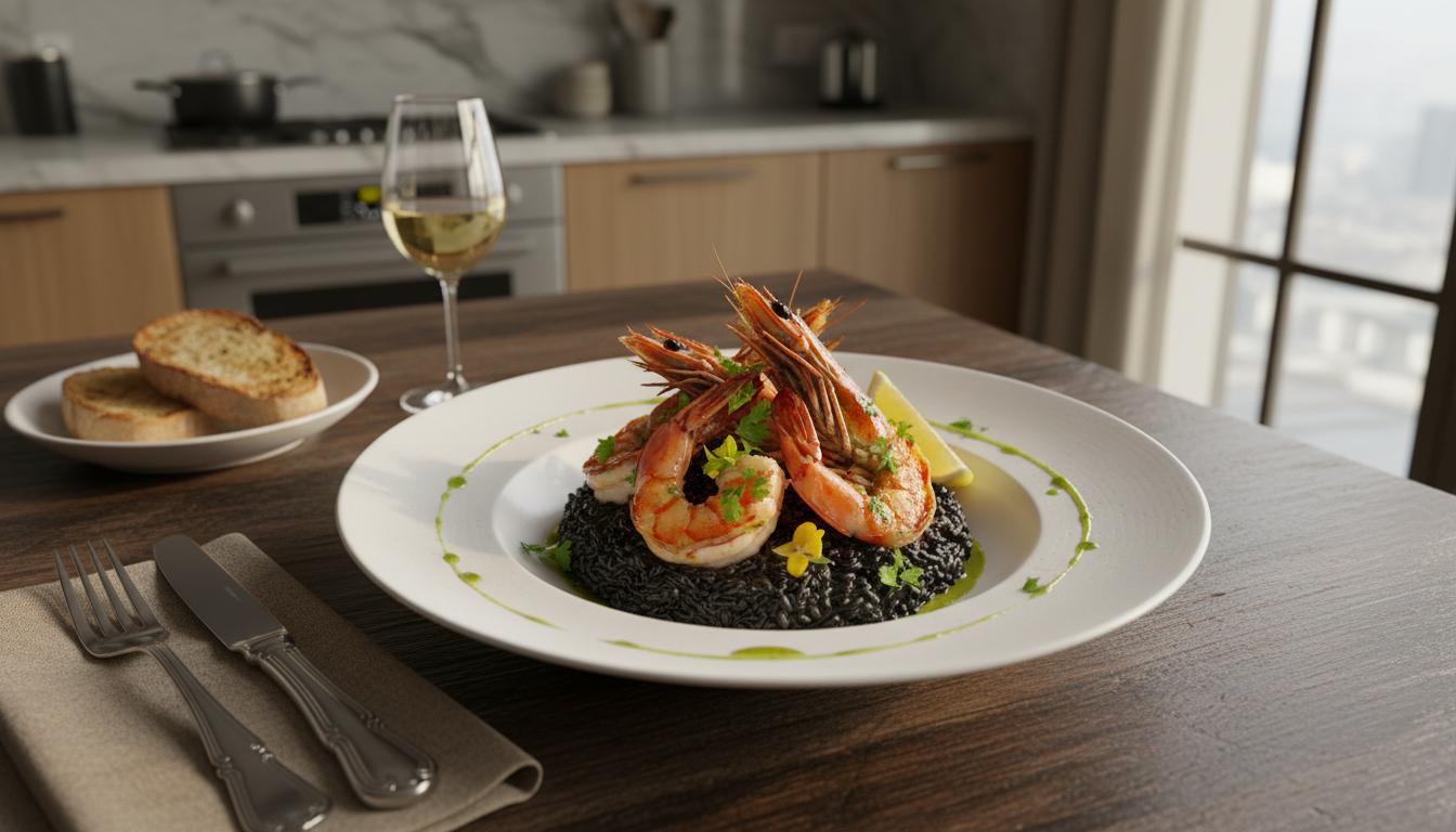 Risotto à l'Encre de Seiche et Gambas Grillées