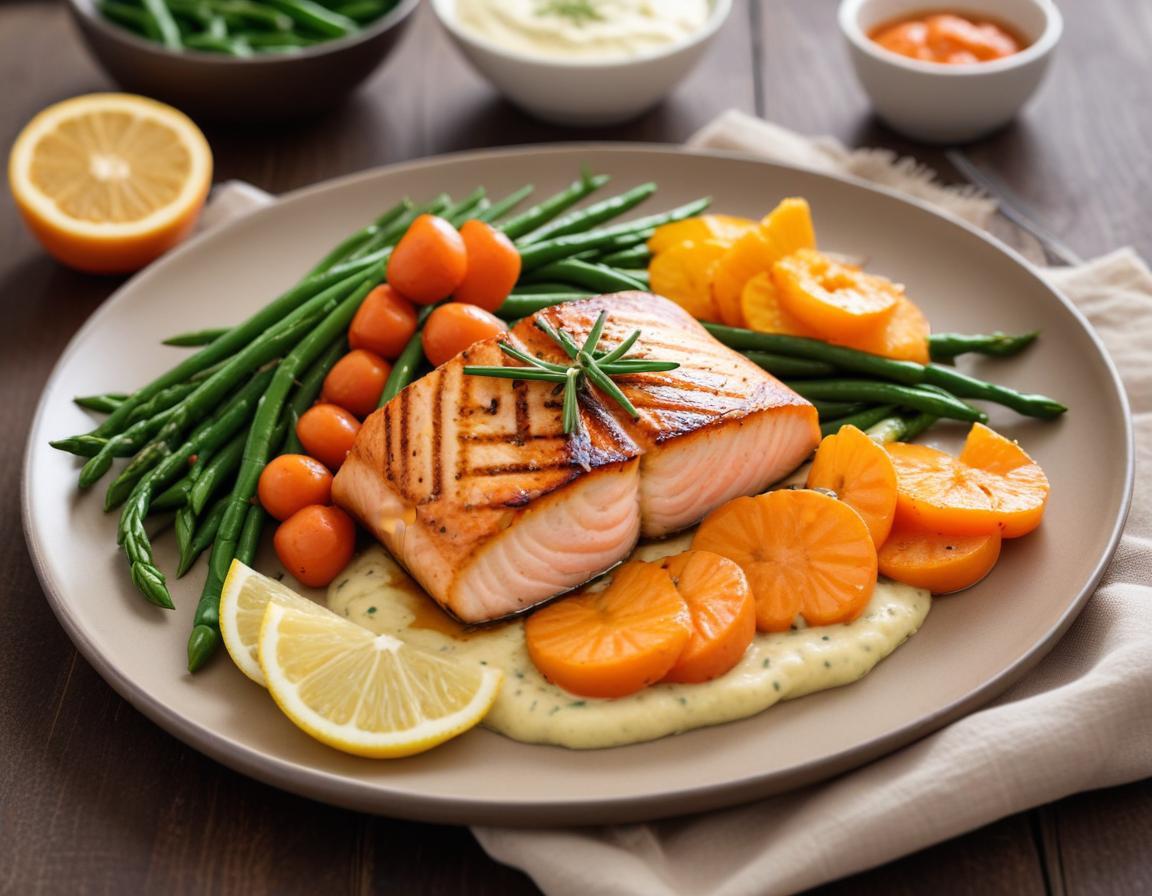 Saumon Grillé, Purée de Carottes Nouvelles et Haricots Verts