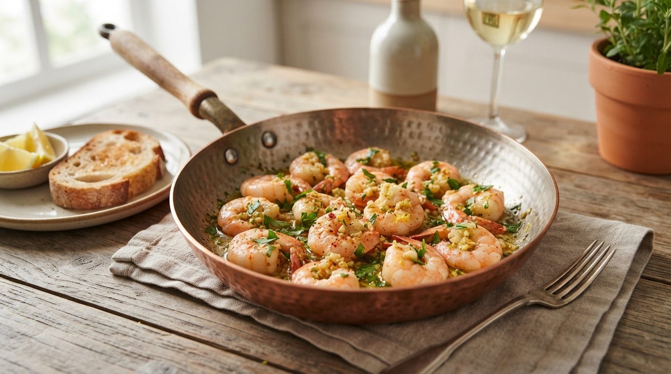 Poêlée minute de crevettes à l'ail, citron et persil