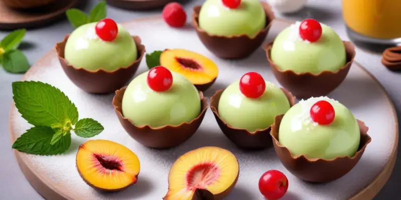 Sphères Glacées au Lait de Coco et Fruit de la Passion, Éclats de Menthe Chocolat