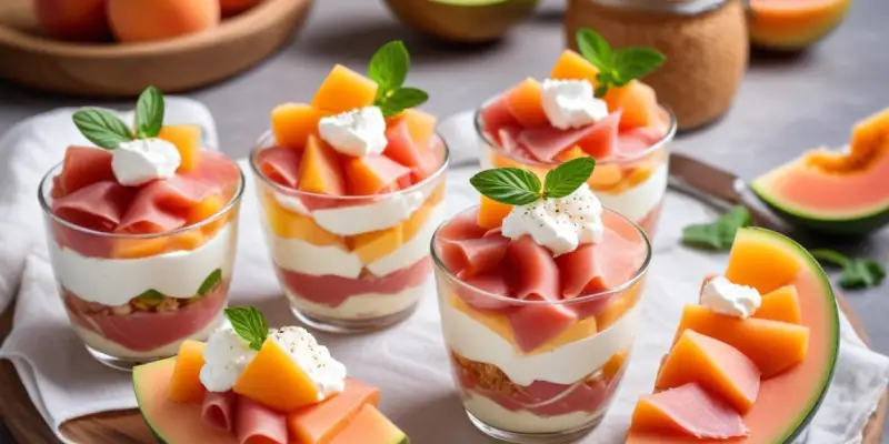 Verrines de Jambon Cru, Melon et Ricotta