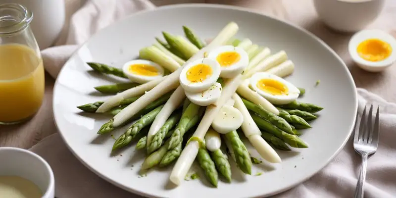 Salade d’asperges blanches, œufs pochés et vinaigrette à l’échalote