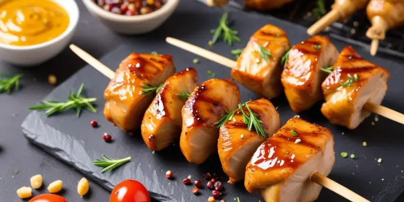 Brochettes de poulet miel-moutarde et graines de sésame