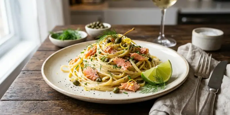 Linguine Rummo à la Truite Fumée, Citron Vert et Câpres